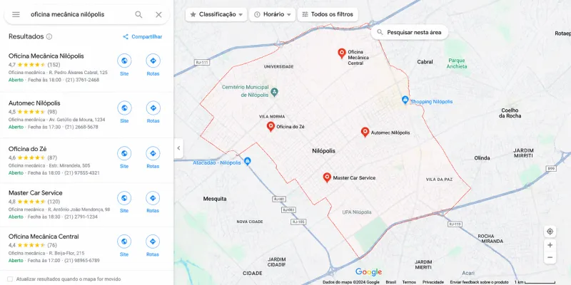 Busca no Google Maps por oficina mecânica em Nilópolis